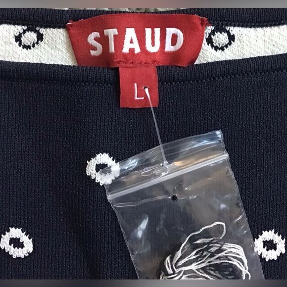 Staud Tucson Cropped Intarsia-Knit Tank Navy Blue White Cropped Sweater Top - Picture 3 of 6